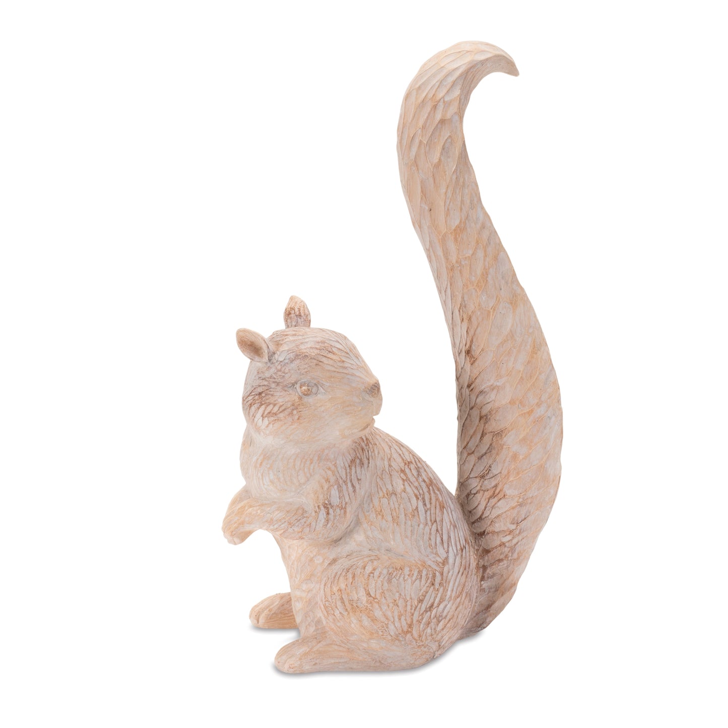 Pair of white-washed and etched squirrel figurines in brown and beige tones for fall décor
