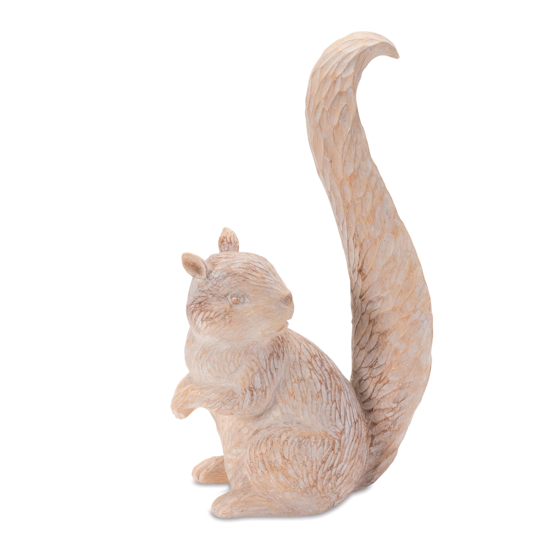Pair of white-washed and etched squirrel figurines in brown and beige tones for fall décor
