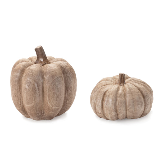 Set of two faux wood grain pumpkins in warm brown and beige tones for rustic fall décor
