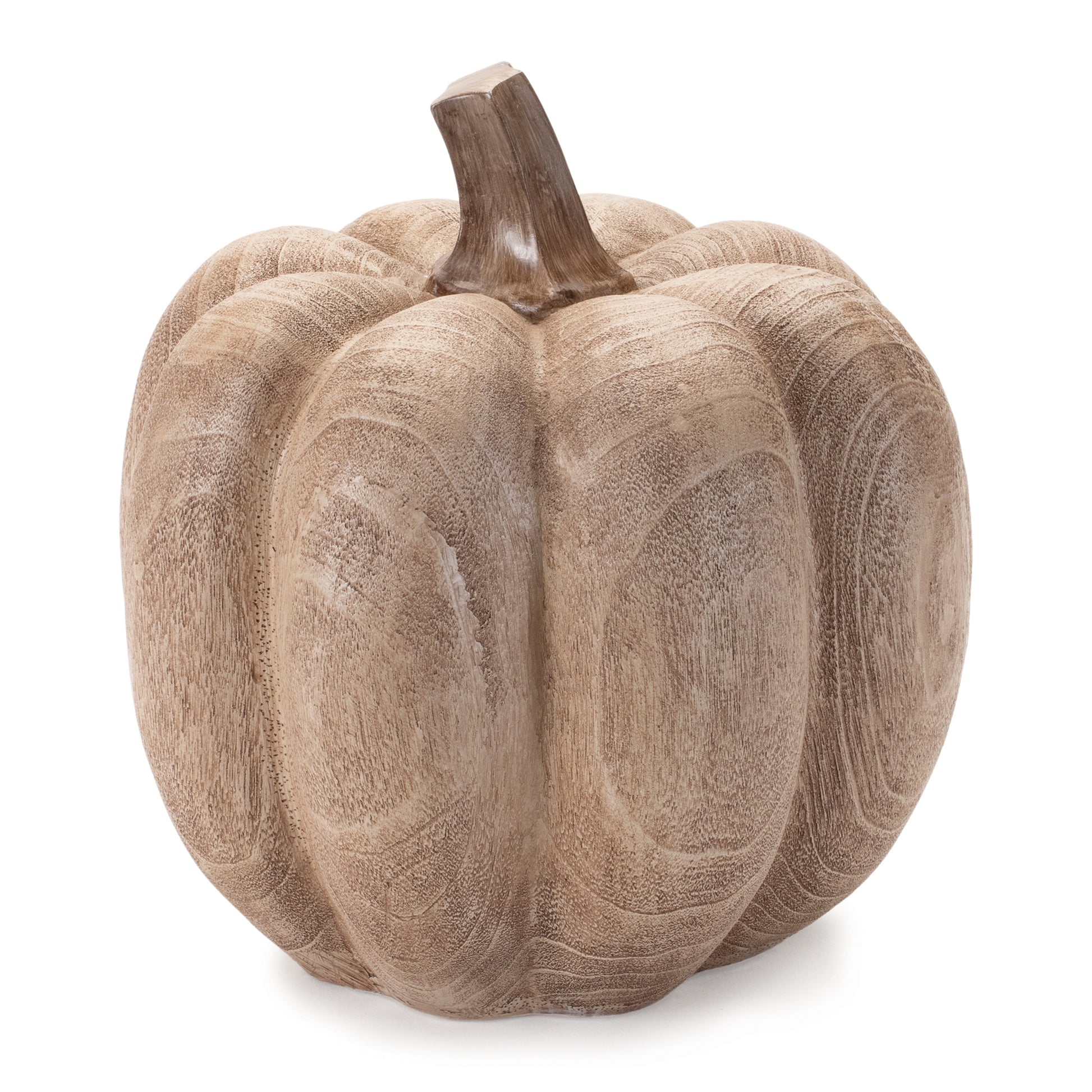 Set of two faux wood grain pumpkins in warm brown and beige tones for rustic fall décor
