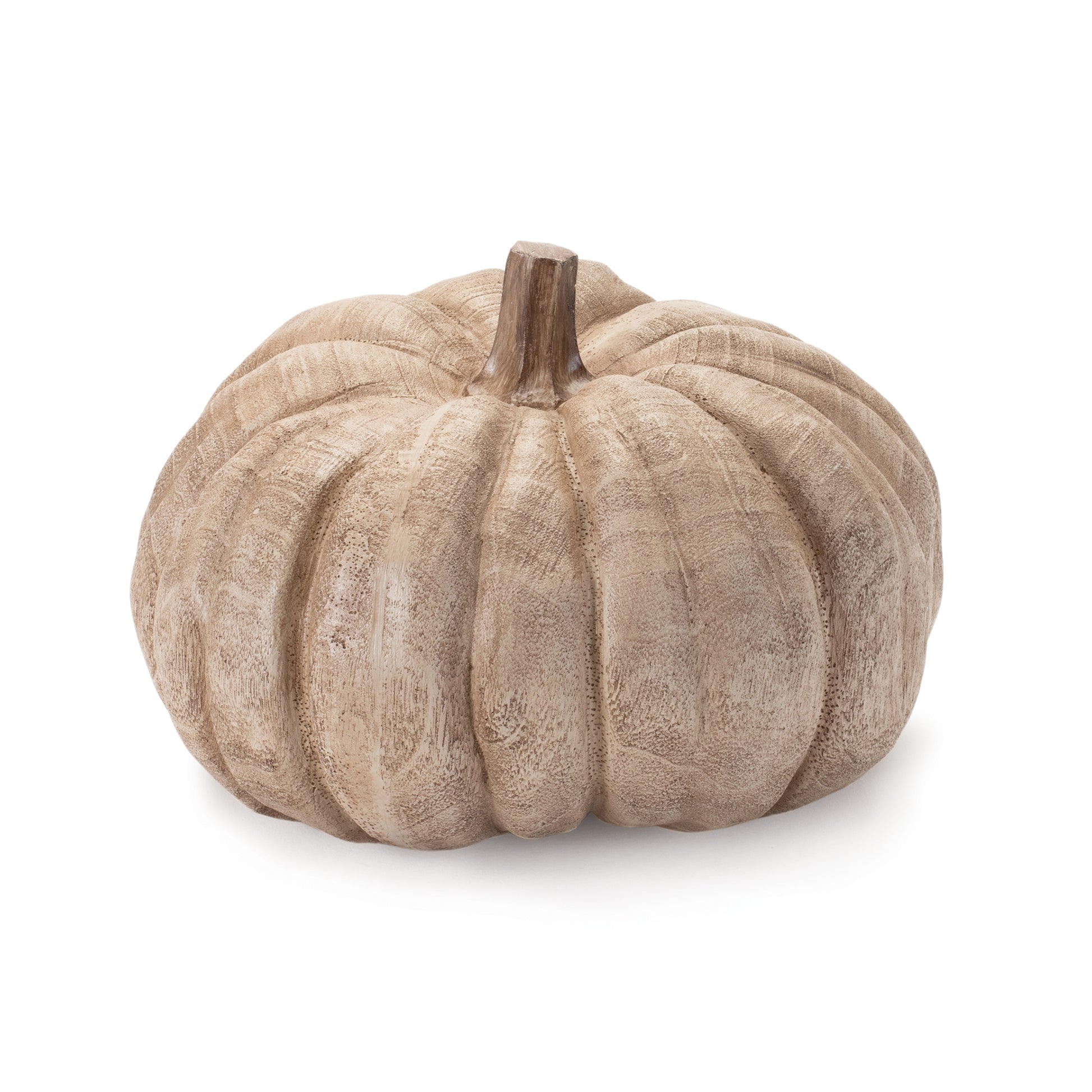 Set of two faux wood grain pumpkins in warm brown and beige tones for rustic fall décor
