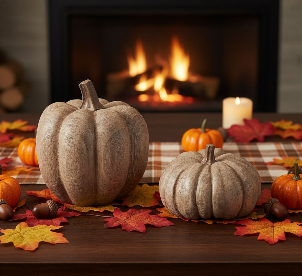 Set of two faux wood grain pumpkins in warm brown and beige tones for rustic fall décor
