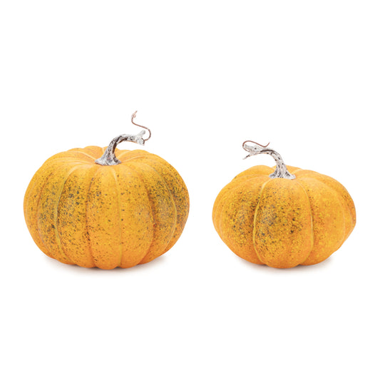 Set of two foam pumpkins in orange and green tones with rustic stems for fall décor
