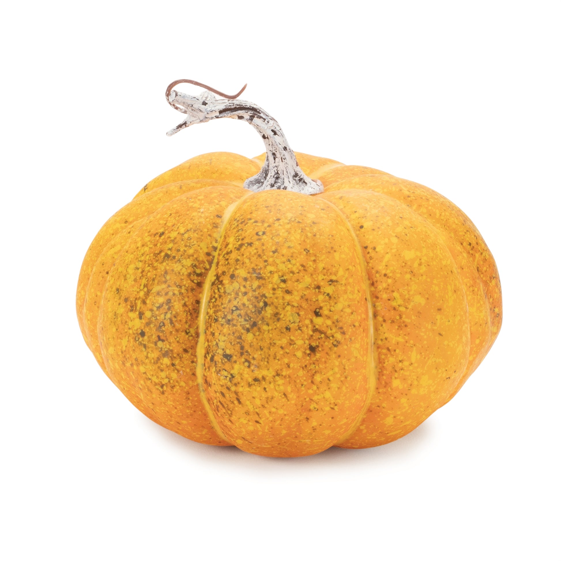 Set of two foam pumpkins in orange and green tones with rustic stems for fall décor
