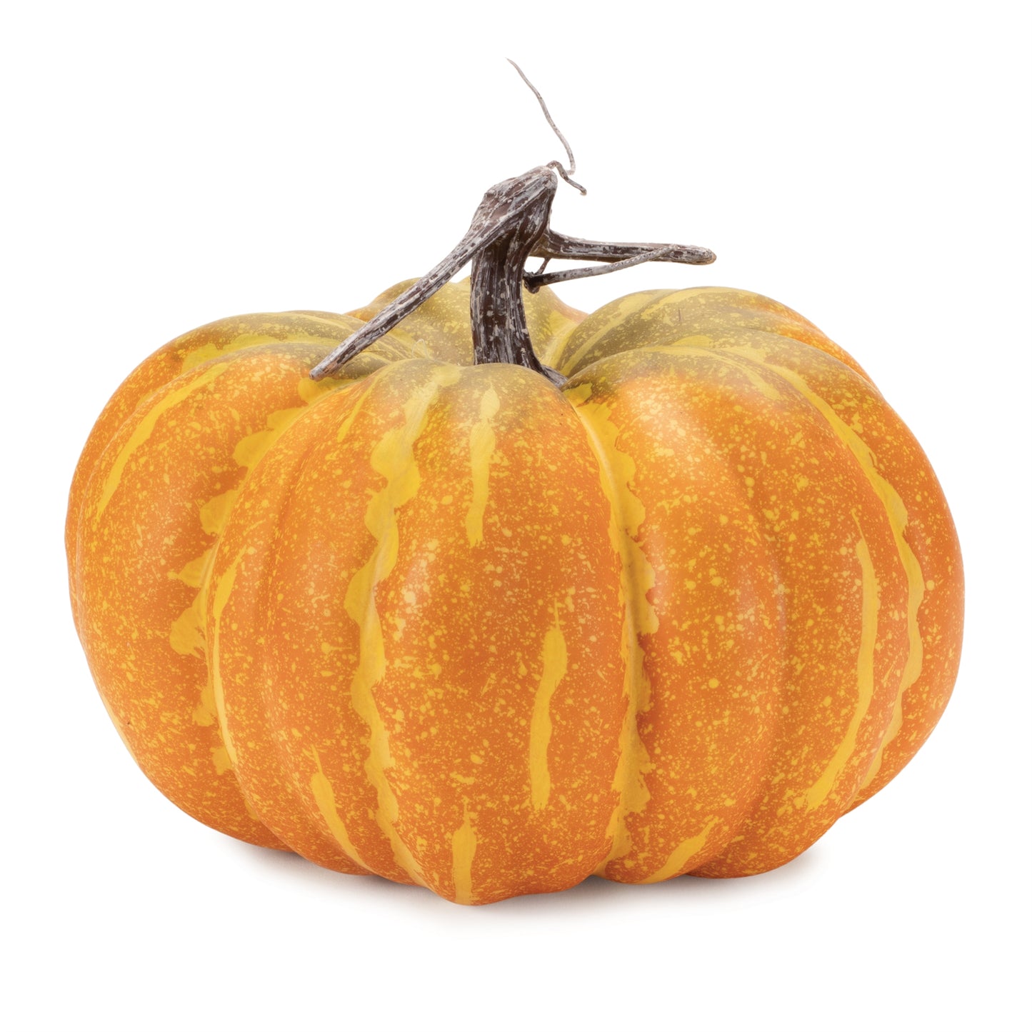 Set of two foam pumpkins in orange and yellow with rustic stems, 10 x 10 x 8.25 inches, for fall décor
