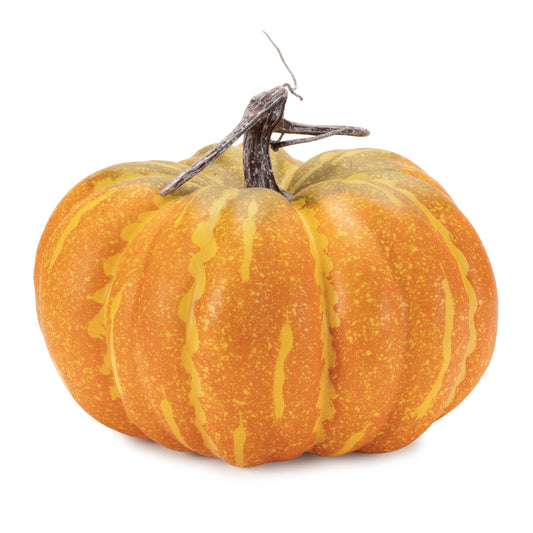 Set of two foam pumpkins in orange and yellow with rustic stems, 10 x 10 x 8.25 inches, for fall décor
