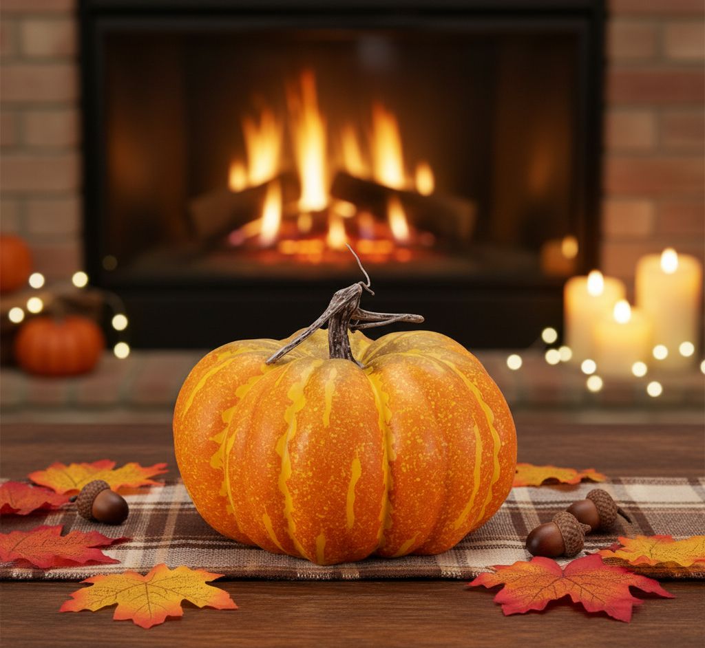 Set of two foam pumpkins in orange and yellow with rustic stems, 10 x 10 x 8.25 inches, for fall décor
