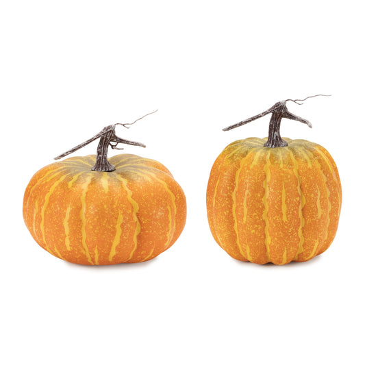 Set of two foam pumpkins in orange and green with rustic stems, 9.5x9x8.25 and 7.25x7.25x8.75 inches, for fall décor
