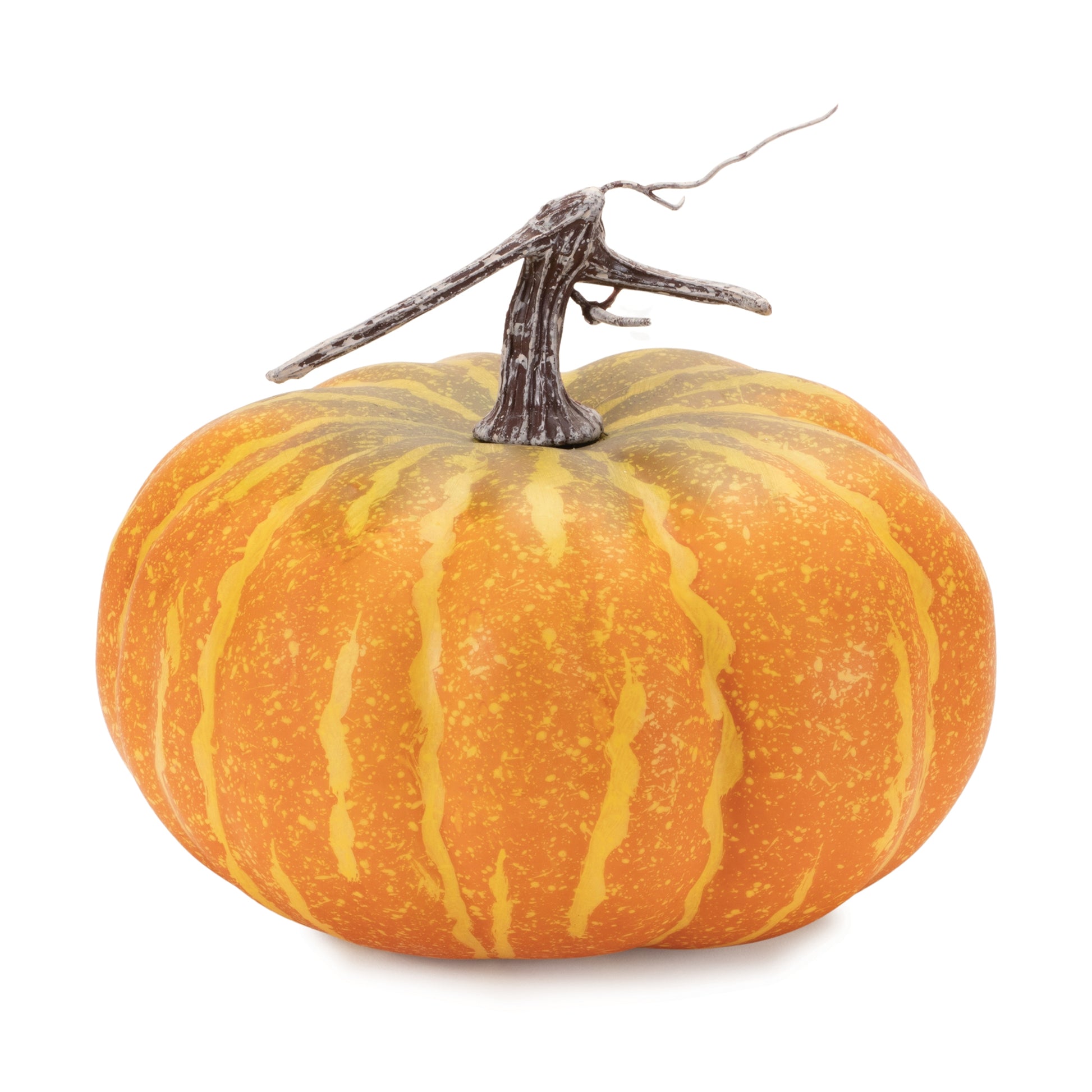Set of two foam pumpkins in orange and green with rustic stems, 9.5x9x8.25 and 7.25x7.25x8.75 inches, for fall décor
