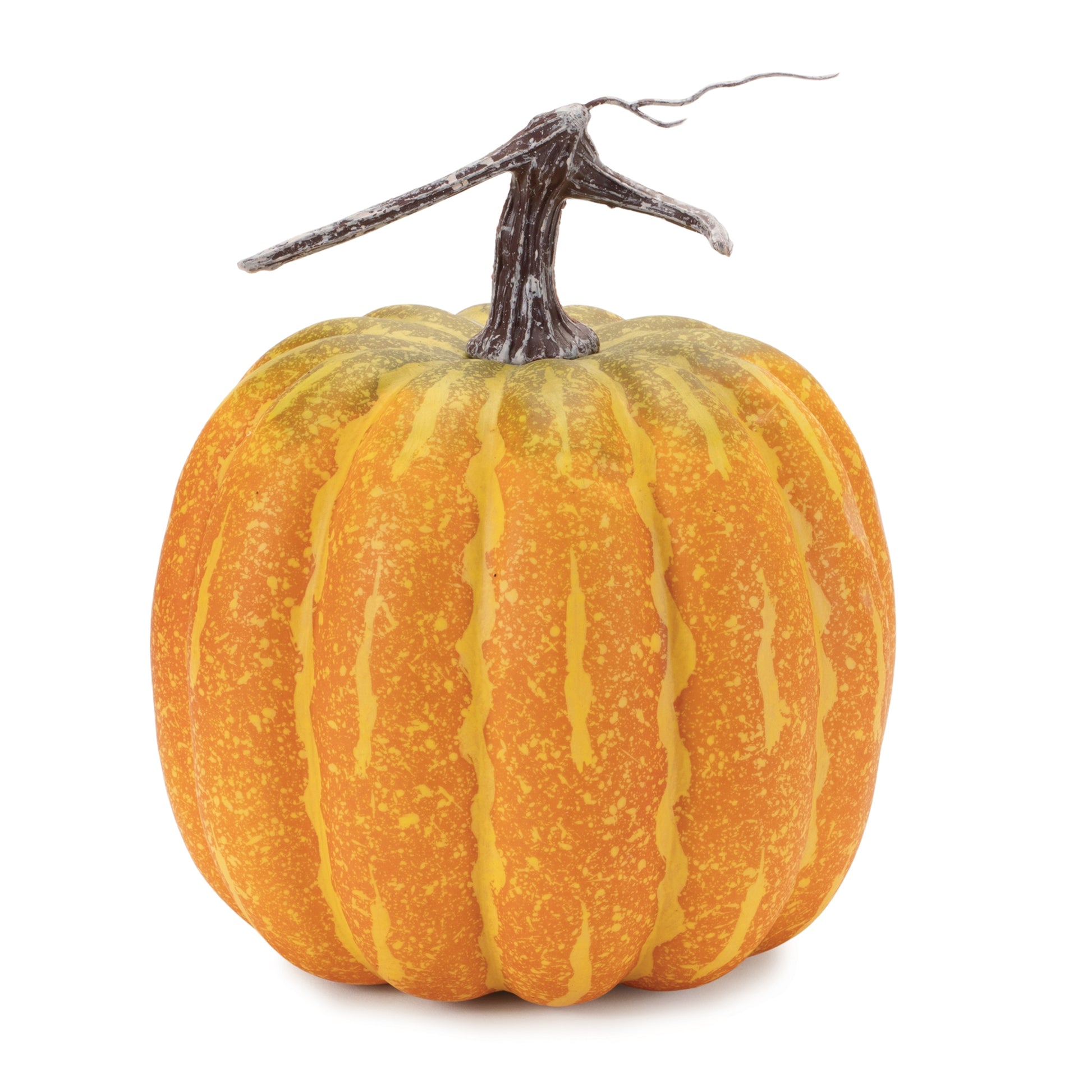 Set of two foam pumpkins in orange and green with rustic stems, 9.5x9x8.25 and 7.25x7.25x8.75 inches, for fall décor
