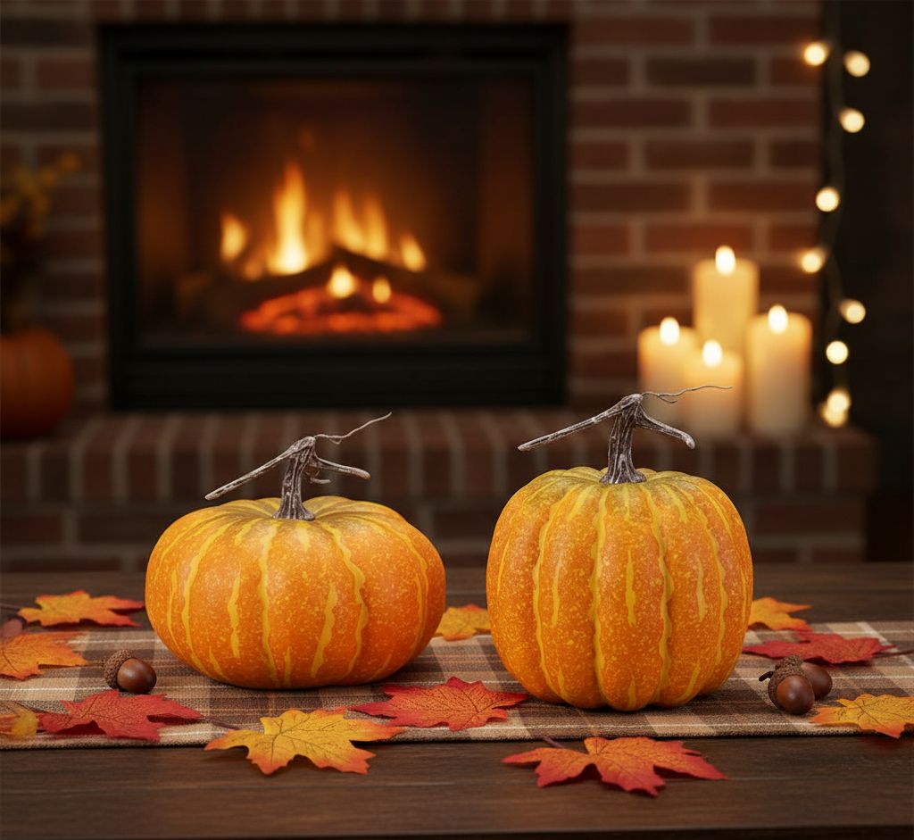 Set of two foam pumpkins in orange and green with rustic stems, 9.5x9x8.25 and 7.25x7.25x8.75 inches, for fall décor
