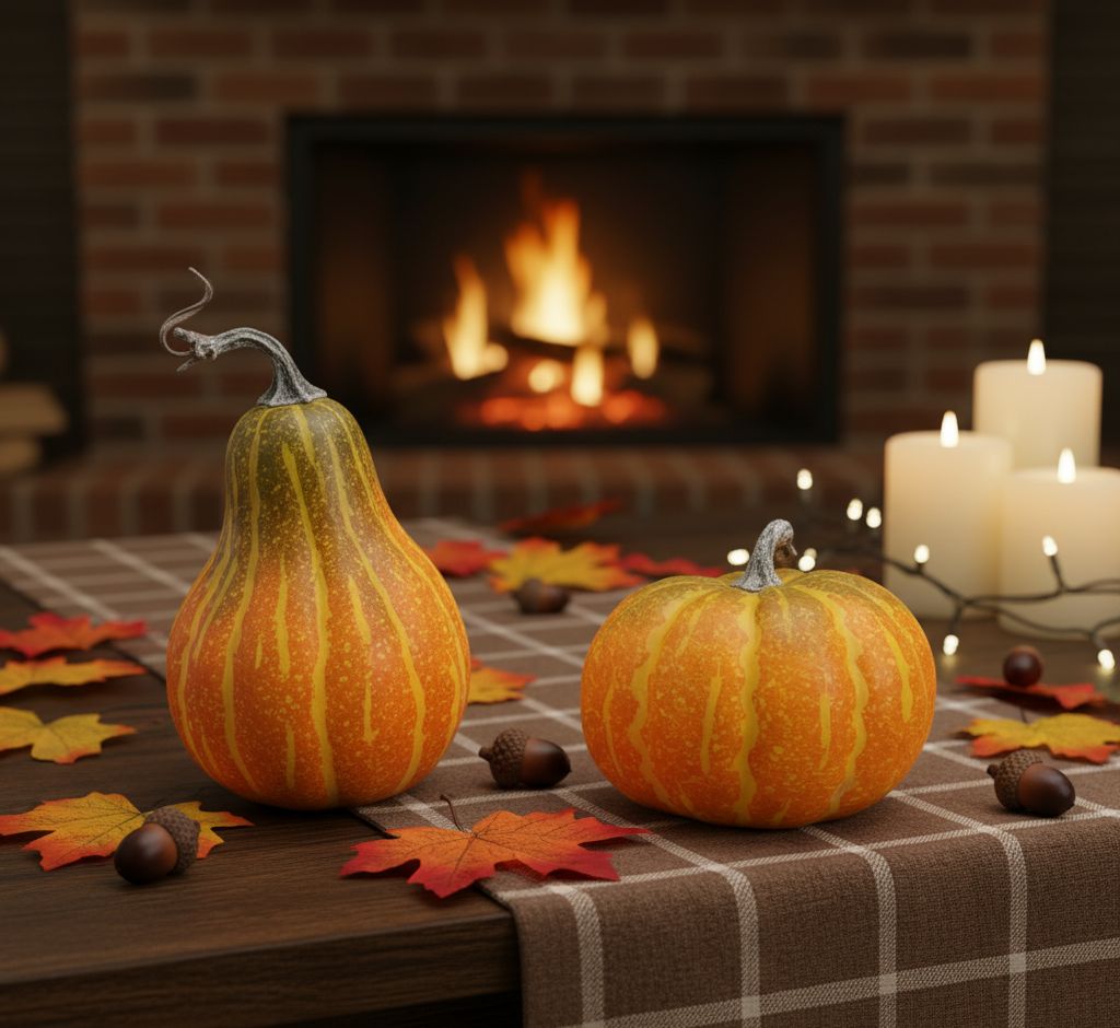 Set of foam pumpkin and gourd in orange and green with rustic stems, sizes approx 6×5.75×5.25″ and 5×5×8.5″ for fall décor
