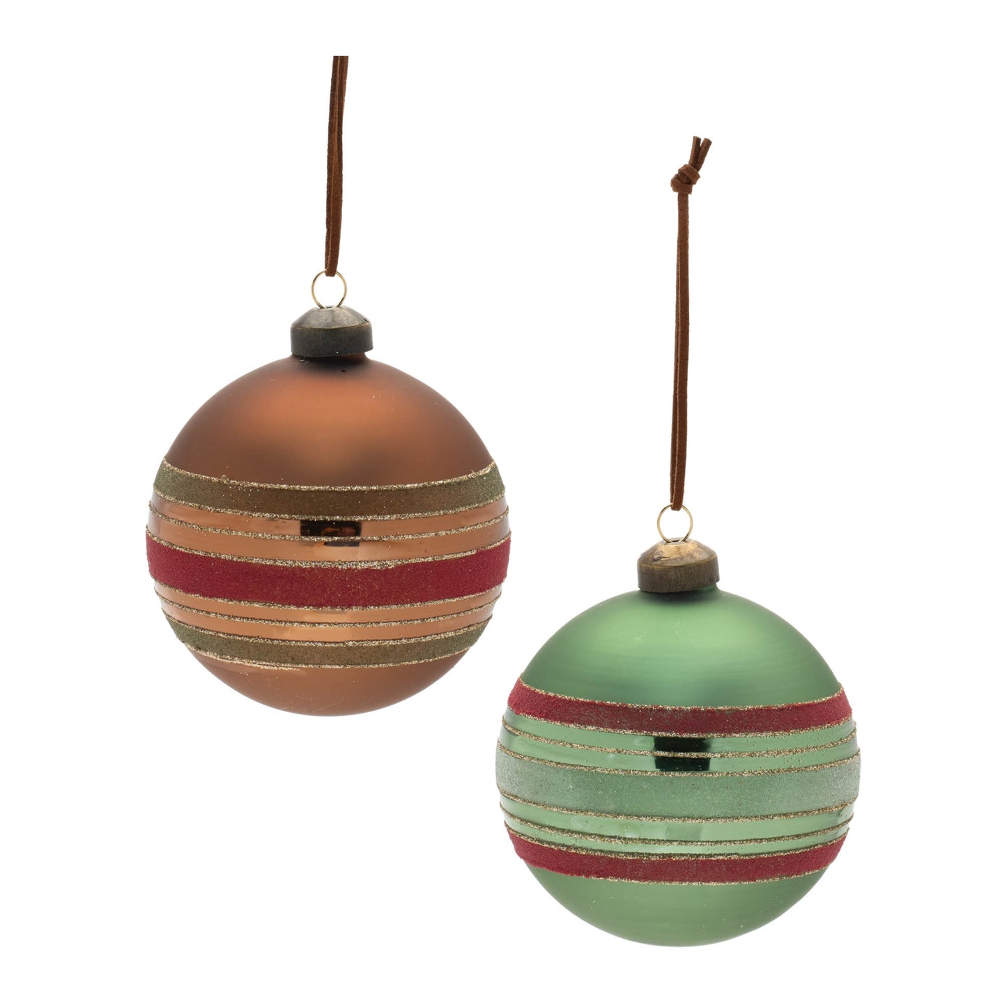 Set of red and green striped frosted glass ball Christmas ornaments