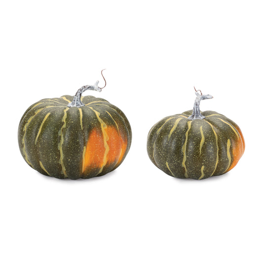 Set of two foam pumpkins in orange and green with rustic stems, 6.25x6.25x5 and 7.25x7.25x6.25 inches, for fall décor
