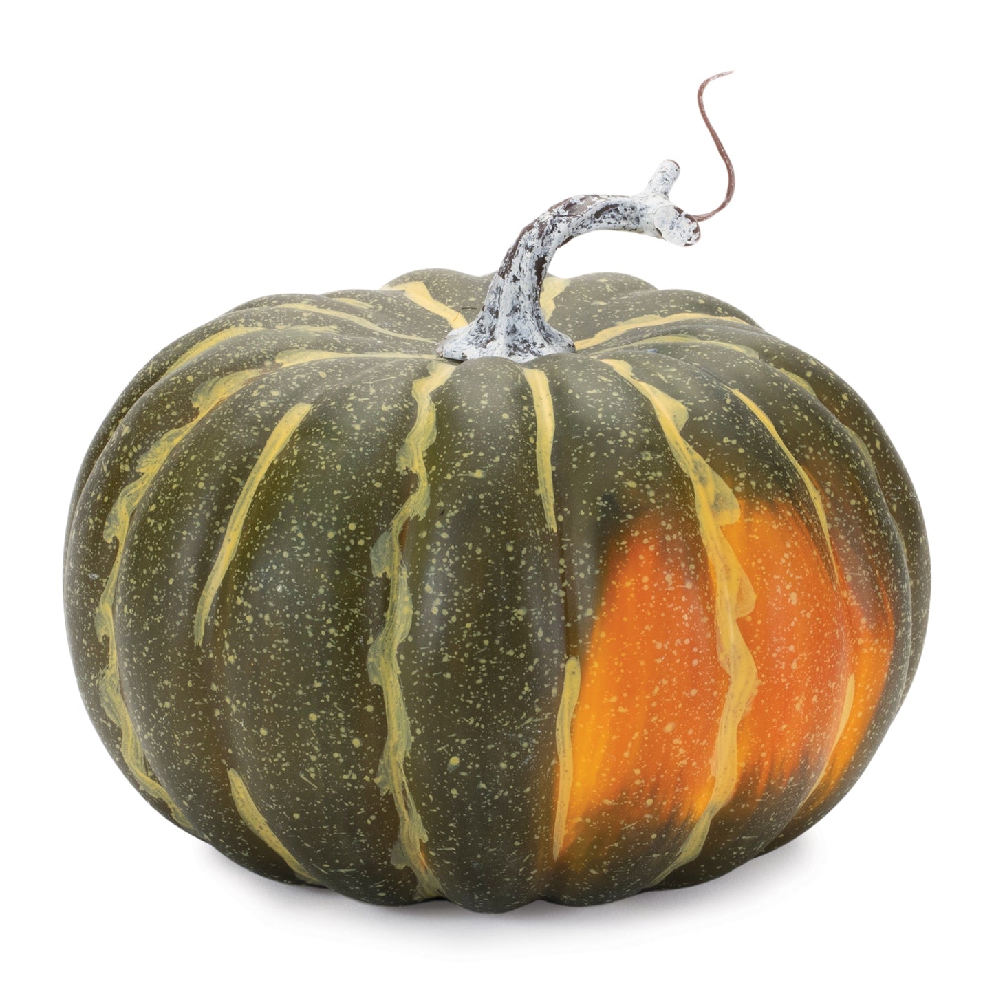 Set of two foam pumpkins in orange and green with rustic stems, 6.25x6.25x5 and 7.25x7.25x6.25 inches, for fall décor
