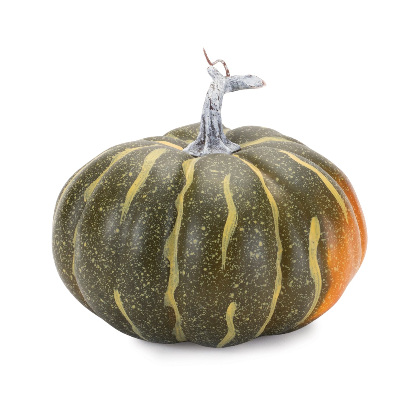 Set of two foam pumpkins in orange and green with rustic stems, 6.25x6.25x5 and 7.25x7.25x6.25 inches, for fall décor
