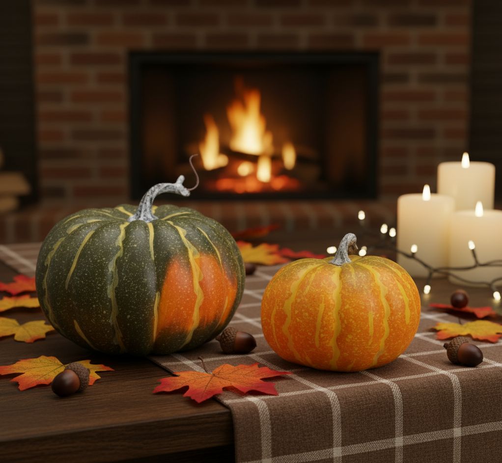 Set of two foam pumpkins in orange and green with rustic stems, 6.25x6.25x5 and 7.25x7.25x6.25 inches, for fall décor
