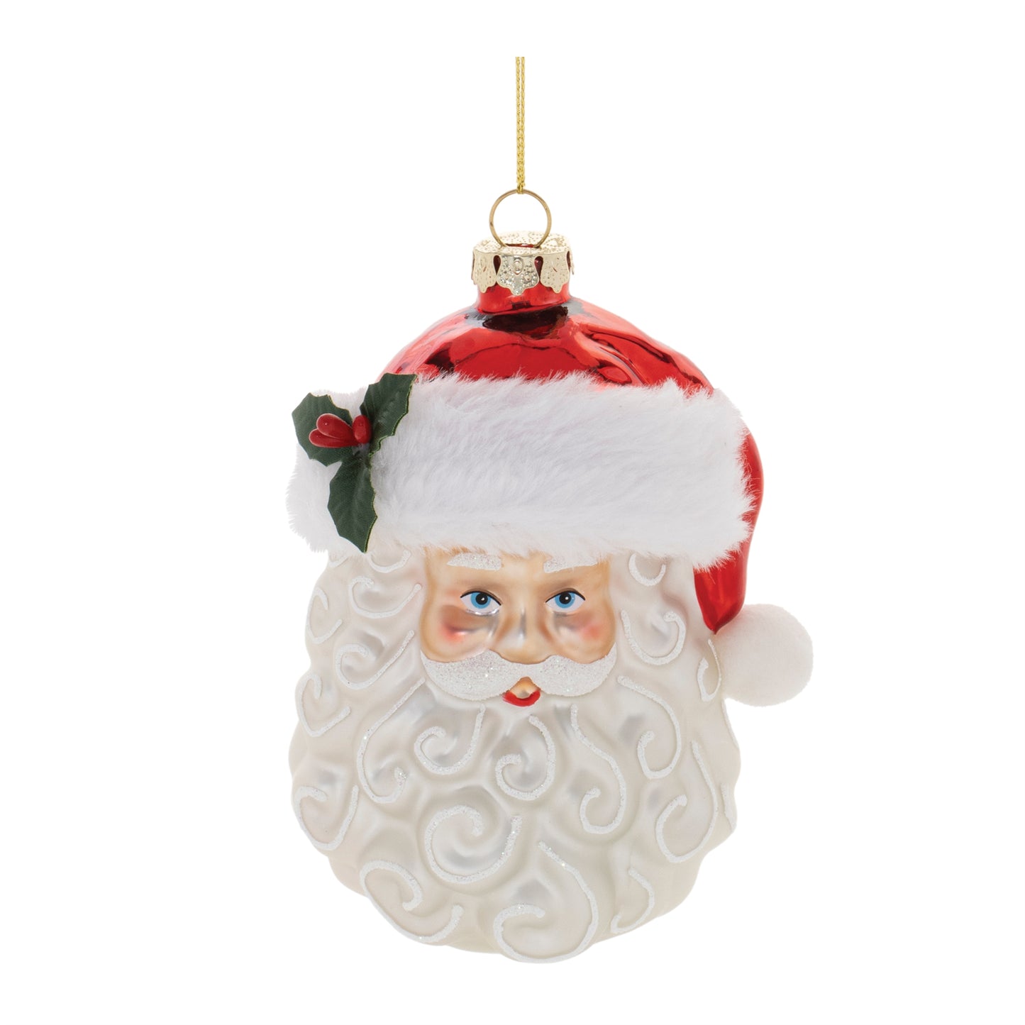 Glass Santa Head Christmas Ornament with Furry Hat and Glitter