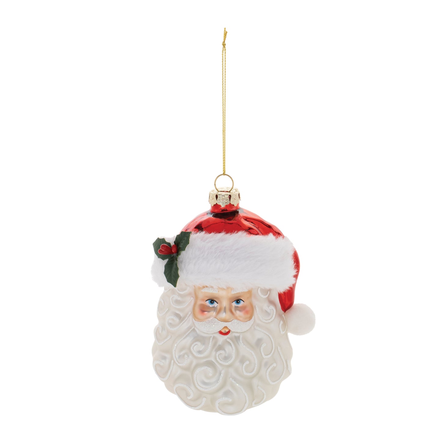 Close-up of jolly Santa face on a glass ornament