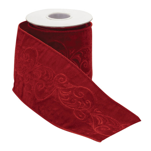 Ornate embroidered wired ribbon red – 4" x 5 yds with elegant embroidery and wired edge | RRO Home
