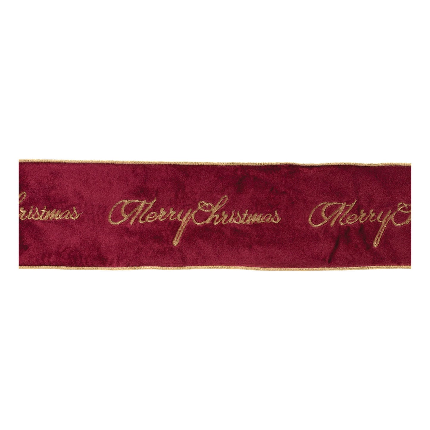 Embroidered "Merry Christmas" wired ribbon – burgundy with gold script, 4" x 5 yds | RRO Home
