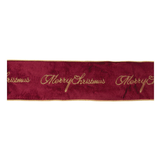 Embroidered "Merry Christmas" wired ribbon – burgundy with gold script, 4" x 5 yds | RRO Home
