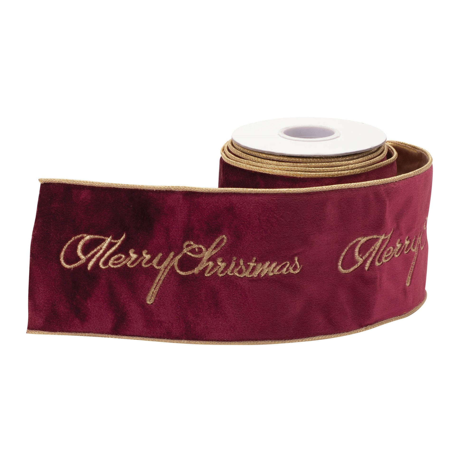 Embroidered "Merry Christmas" wired ribbon – burgundy with gold script, 4" x 5 yds | RRO Home
