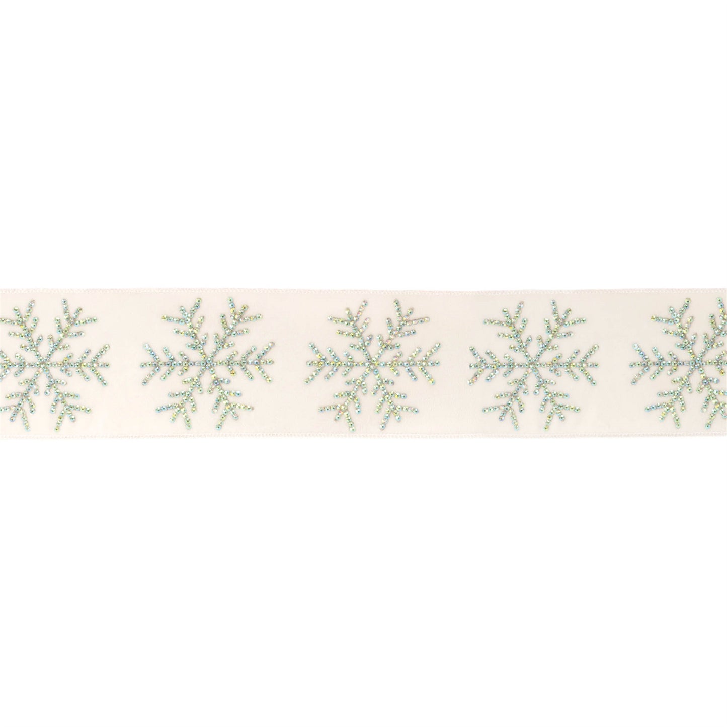 Jeweled snowflake wired ribbon 4" x 5 yds – white polyester with iridescent beaded snowflakes | RRO Home
