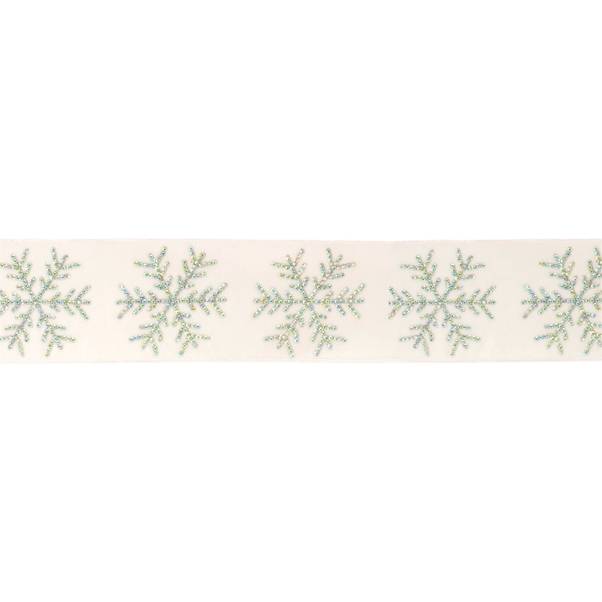 Jeweled snowflake wired ribbon 4" x 5 yds – white polyester with iridescent beaded snowflakes | RRO Home
