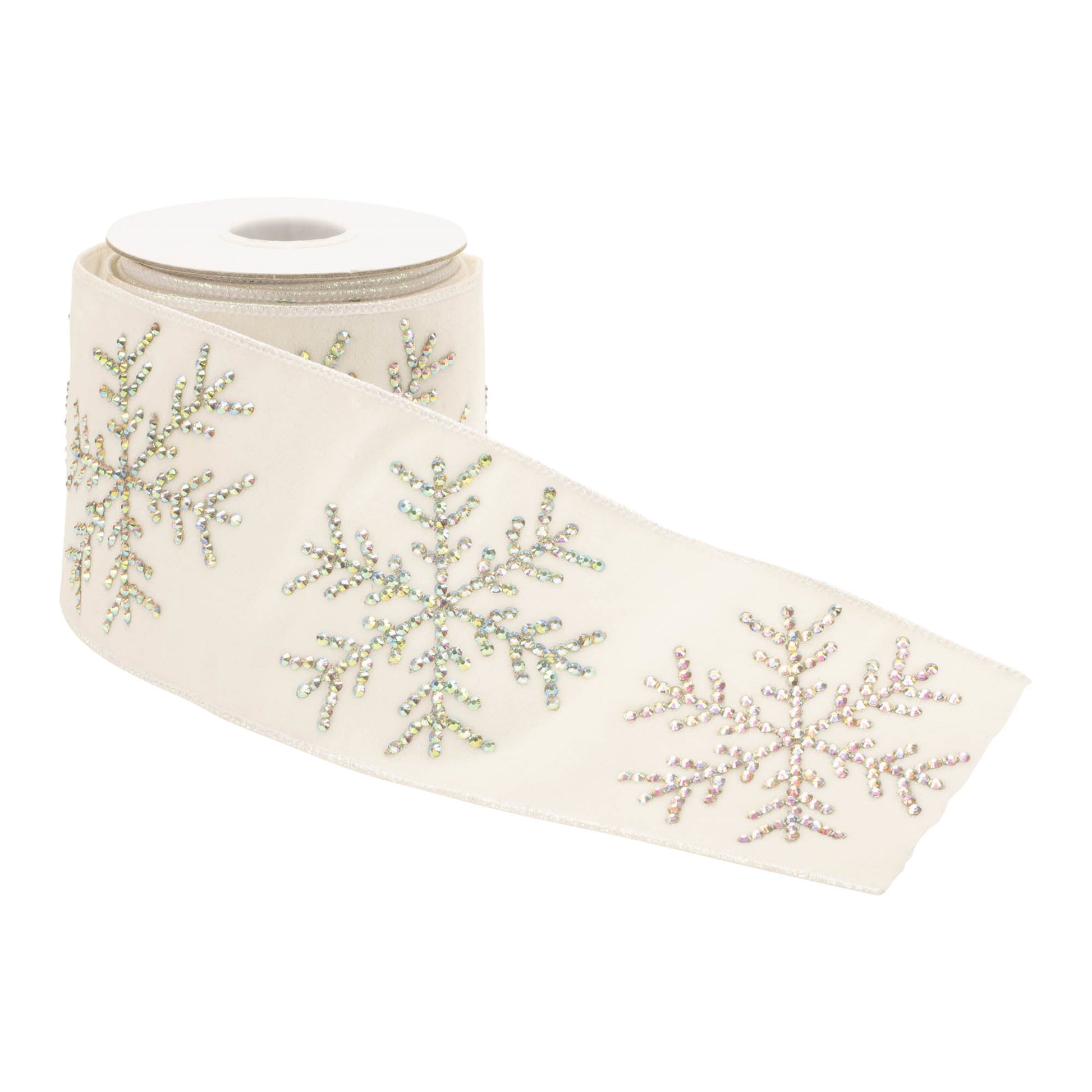 Jeweled snowflake wired ribbon 4" x 5 yds – white polyester with iridescent beaded snowflakes | RRO Home
