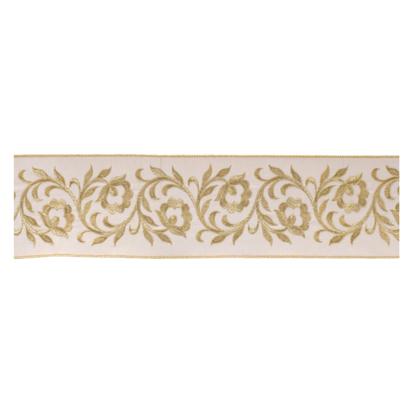 Ornate embroidered leaves wired ribbon – white with gold floral embroidery, 4" x 5 yds | RRO Home
