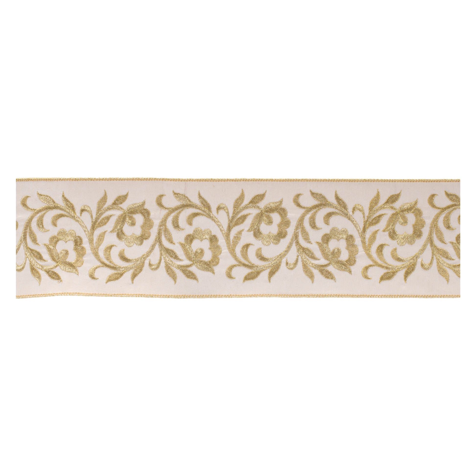 Ornate embroidered leaves wired ribbon – white with gold floral embroidery, 4" x 5 yds | RRO Home

