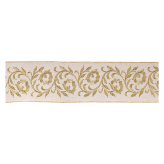 Ornate embroidered leaves wired ribbon – white with gold floral embroidery, 4" x 5 yds | RRO Home
