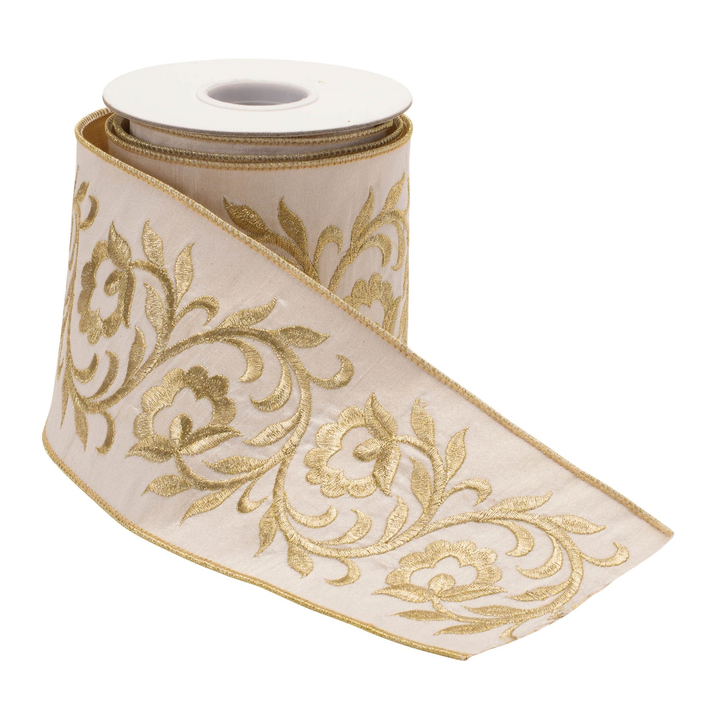 Ornate embroidered leaves wired ribbon – white with gold floral embroidery, 4" x 5 yds | RRO Home
