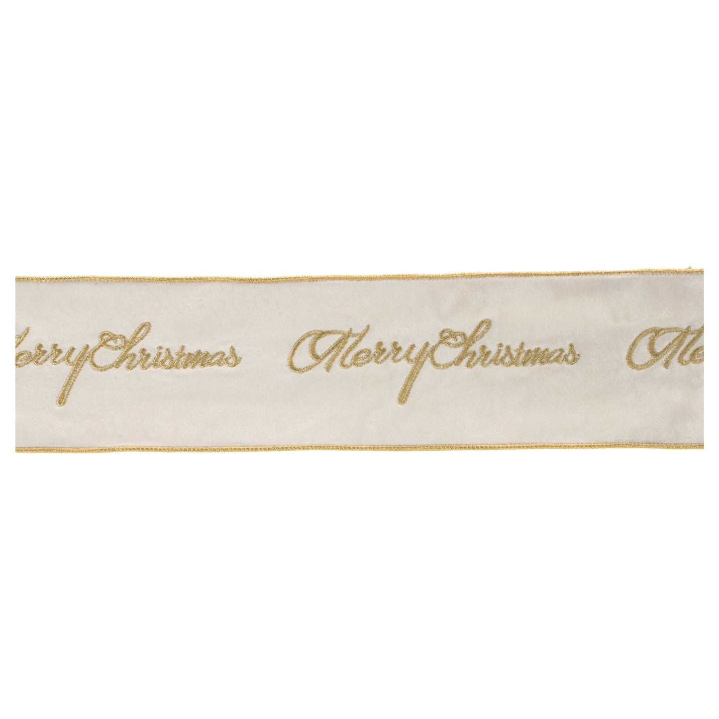 Embroidered Merry Christmas wired ribbon – white with gold cursive text, 4" x 5 yds | RRO Home
