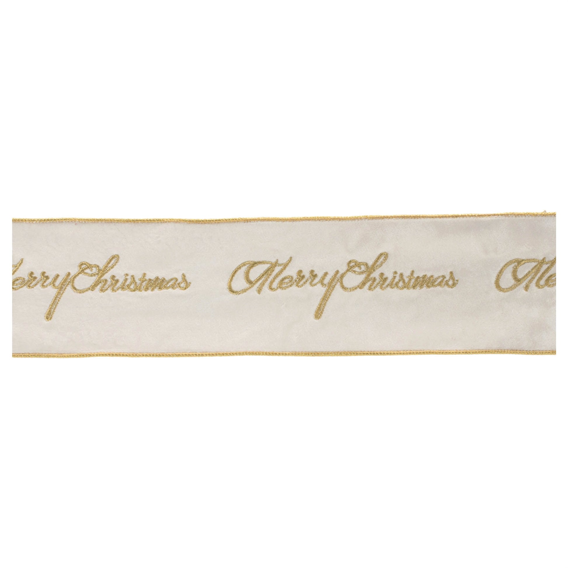 Embroidered Merry Christmas wired ribbon – white with gold cursive text, 4" x 5 yds | RRO Home

