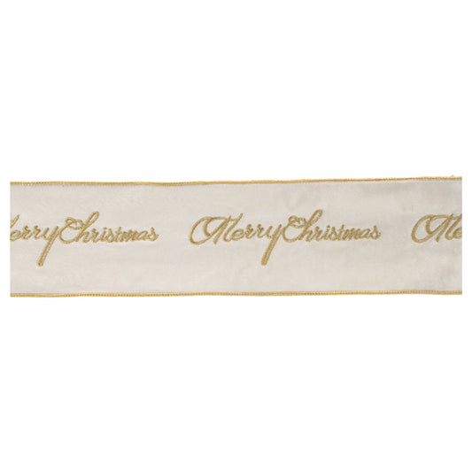 Embroidered Merry Christmas wired ribbon – white with gold cursive text, 4" x 5 yds | RRO Home
