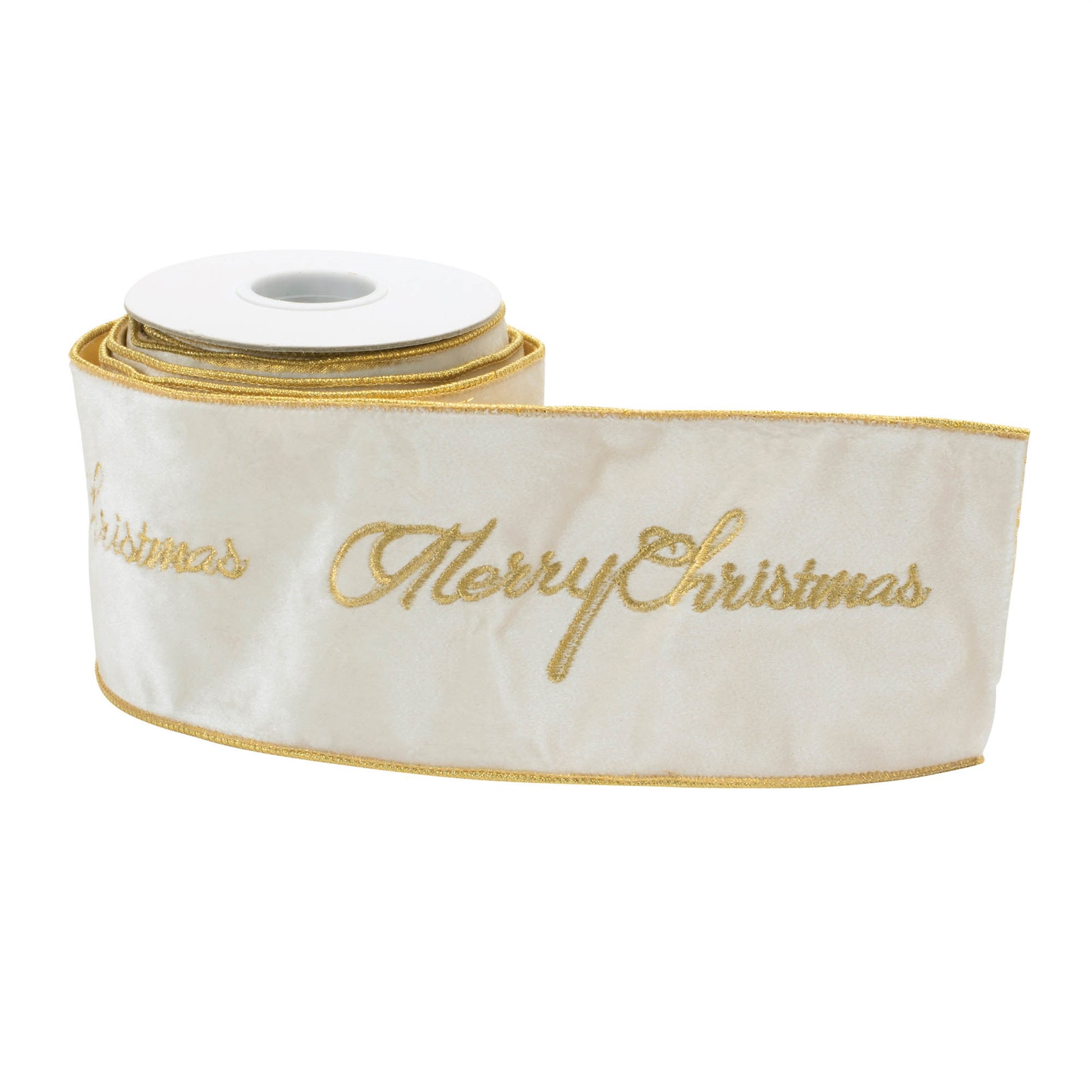 Embroidered Merry Christmas wired ribbon – white with gold cursive text, 4" x 5 yds | RRO Home
