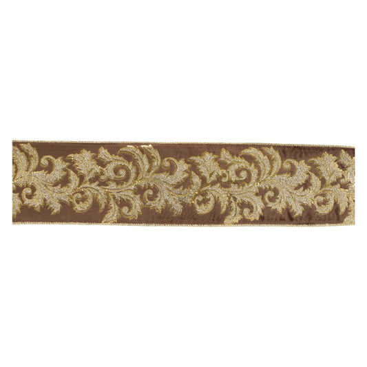 Embroidered damask wired ribbon – 4" x 5 yds, dark grey with gold damask embroidery and glitter accents | RRO Home
