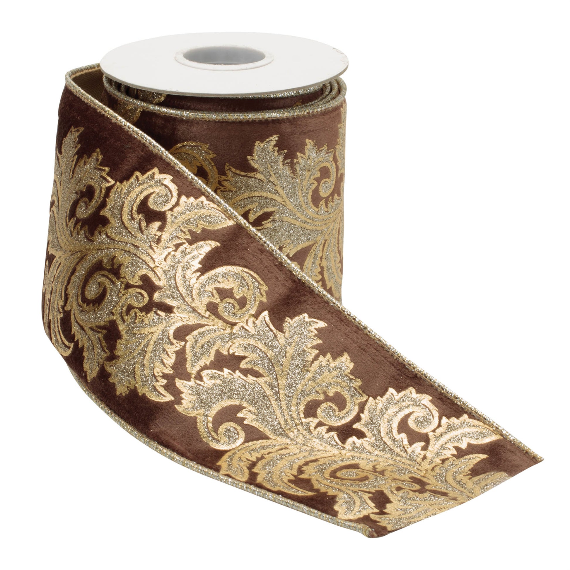 Embroidered damask wired ribbon – 4" x 5 yds, dark grey with gold damask embroidery and glitter accents | RRO Home
