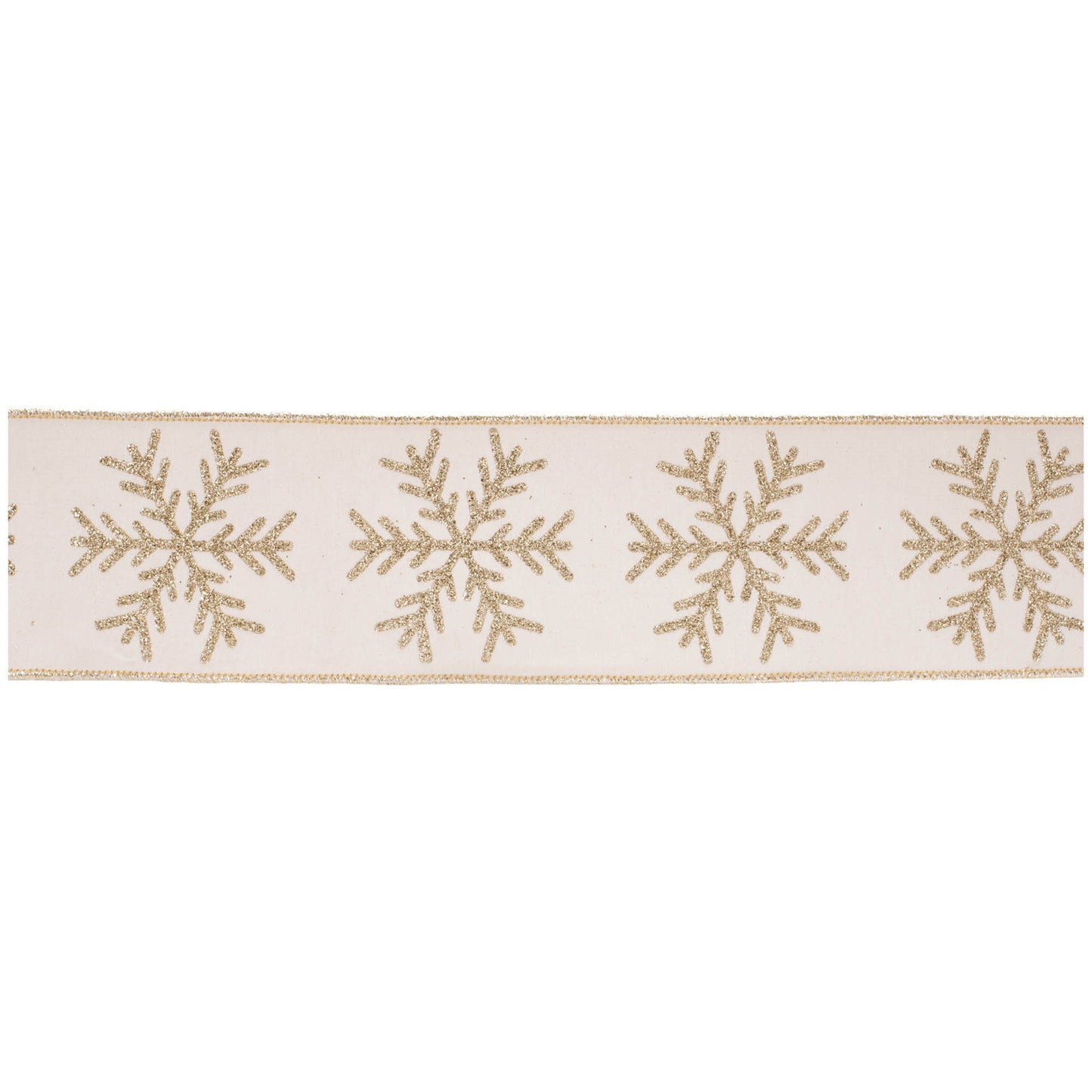 Glittered snowflake wired ribbon – white with gold trim and glittered snowflakes, 4" x 5 yds | RRO Home
