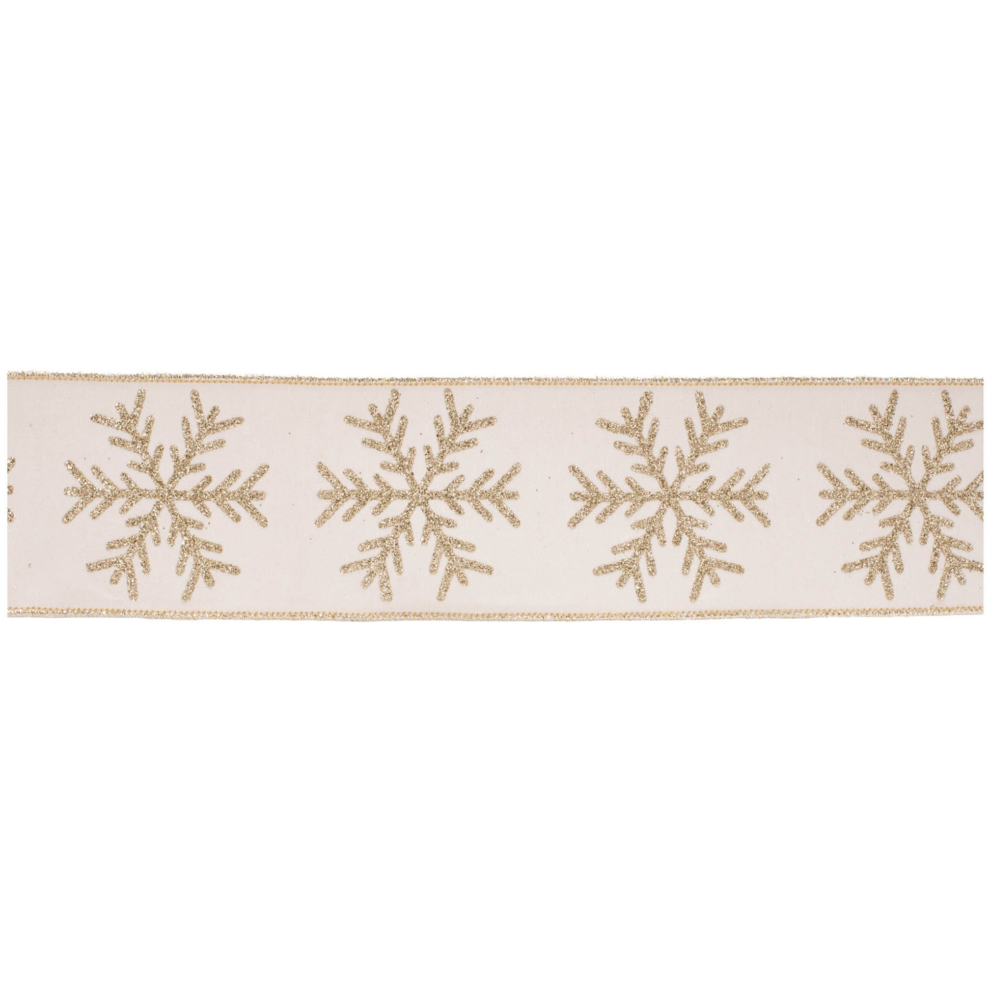 Glittered snowflake wired ribbon – white with gold trim and glittered snowflakes, 4" x 5 yds | RRO Home
