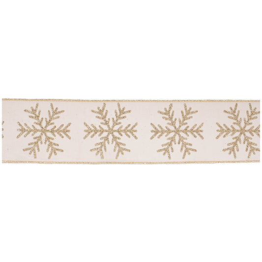 Glittered snowflake wired ribbon – white with gold trim and glittered snowflakes, 4" x 5 yds | RRO Home
