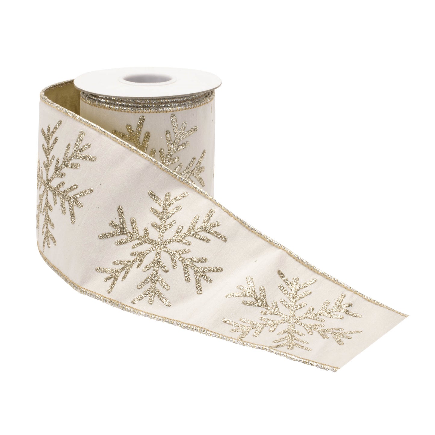 Glittered snowflake wired ribbon – white with gold trim and glittered snowflakes, 4" x 5 yds | RRO Home
