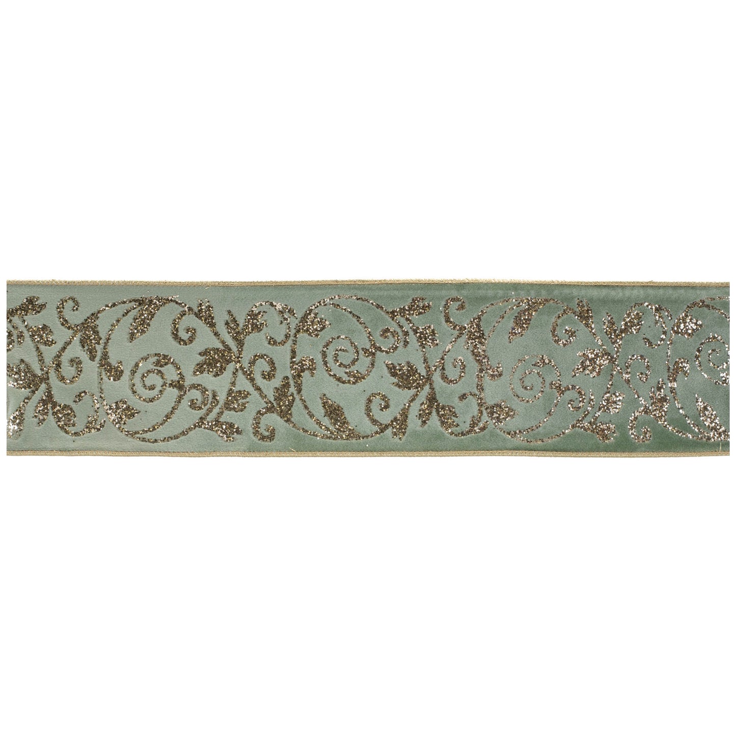 Ornate glittered wired ribbon – wintry green with champagne trim, 4" x 5 Yds | RRO Home
