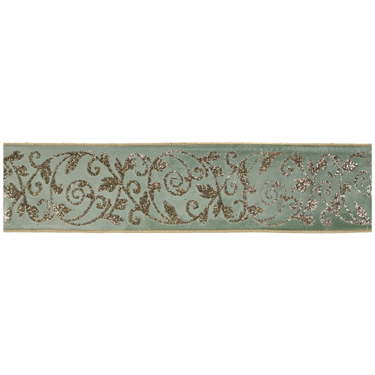 Ornate glittered wired ribbon – wintry green with champagne trim, 4" x 5 Yds | RRO Home
