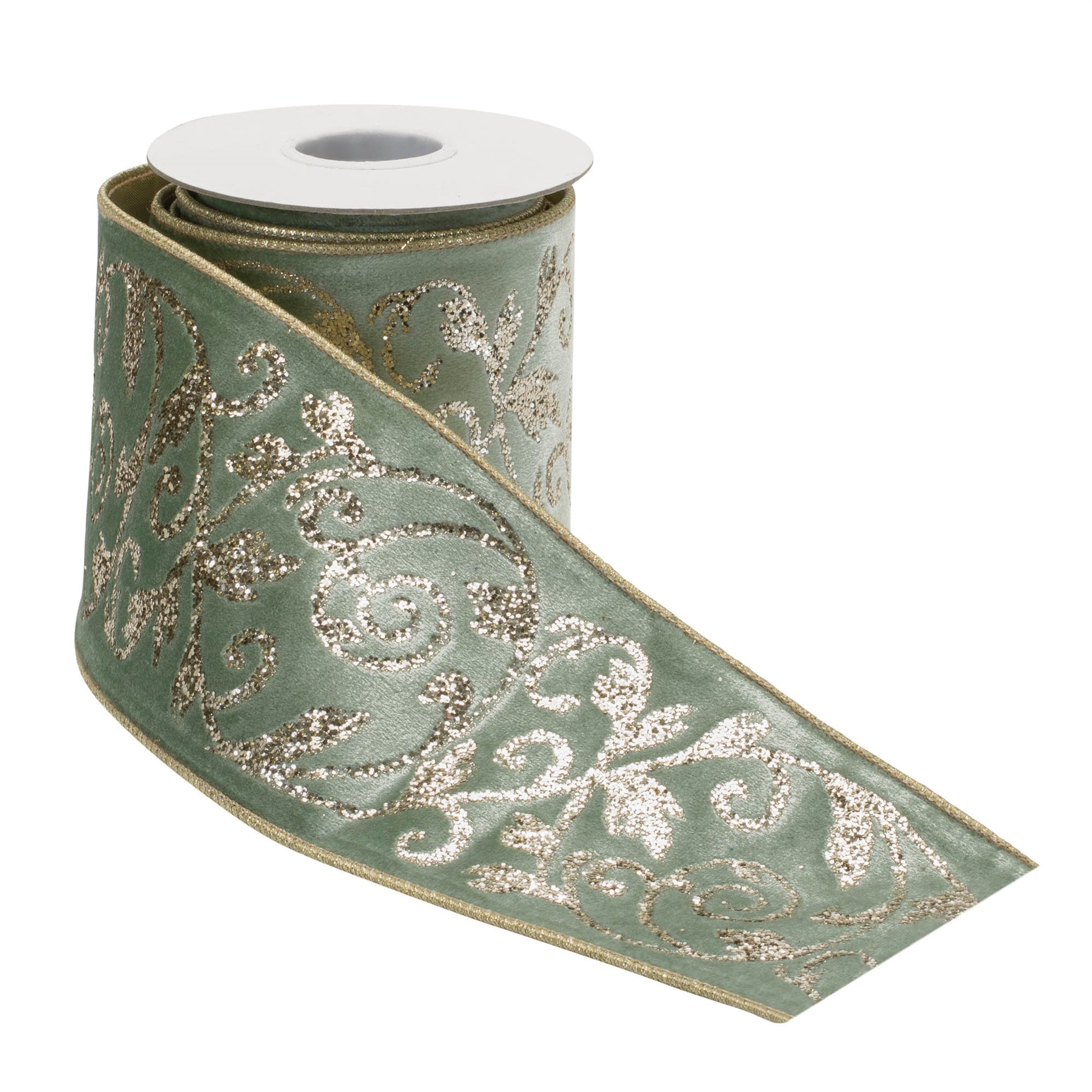 Ornate glittered wired ribbon – wintry green with champagne trim, 4" x 5 Yds | RRO Home
