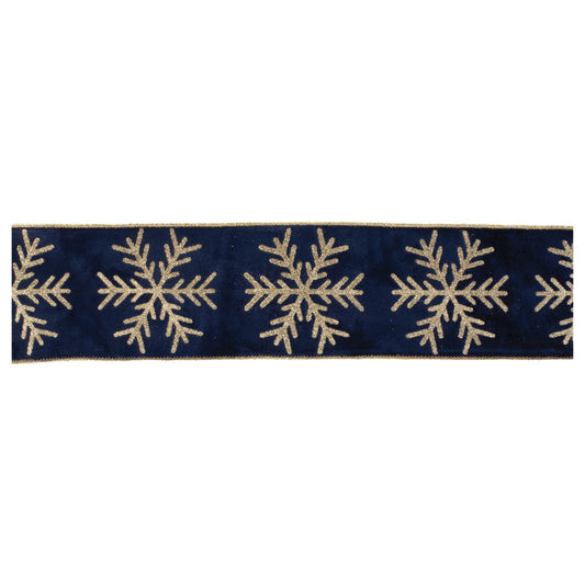 Glittered snowflake wired ribbon – navy blue with gold trim and glitter accents, 4" x 5 yds | RRO Home
