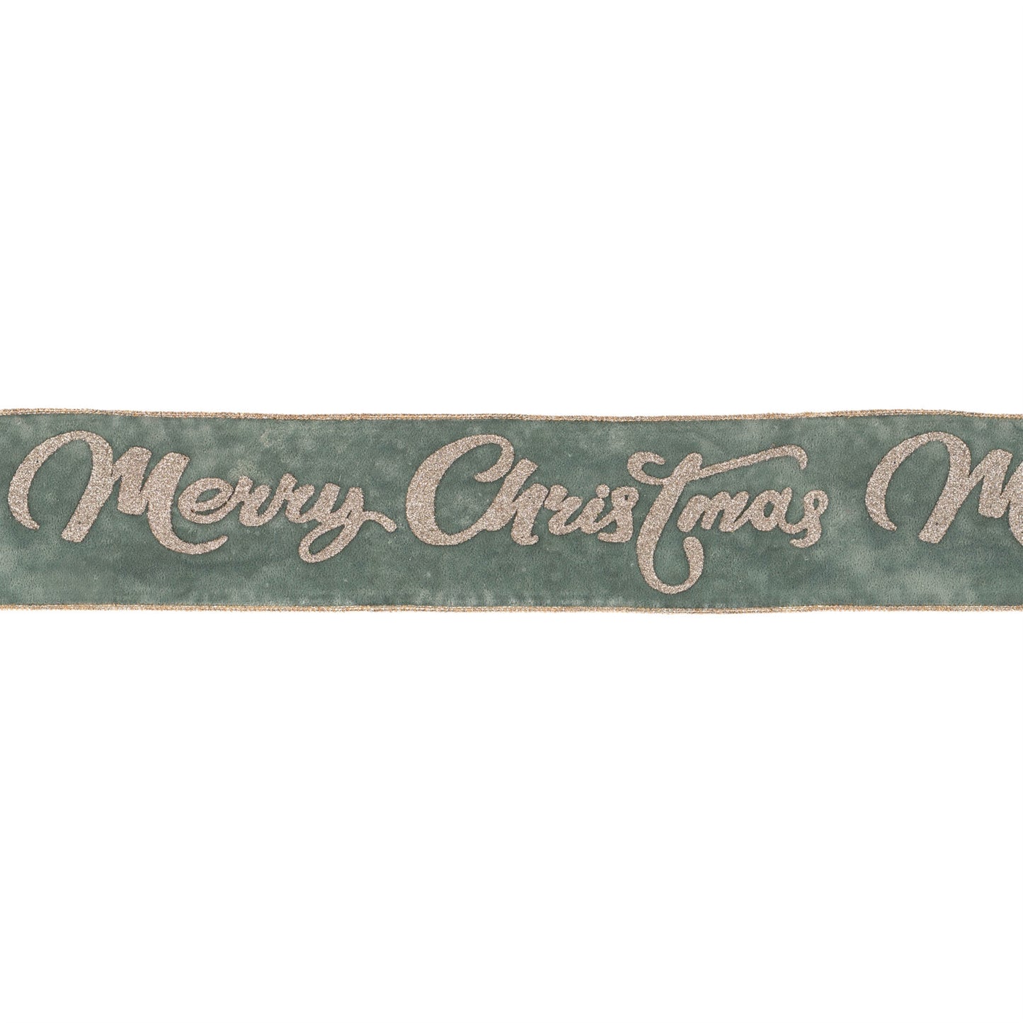 Glittered “Merry Christmas” wired ribbon – wintry blue and silver tones with champagne trim, 4" x 5 yds | RRO Home
