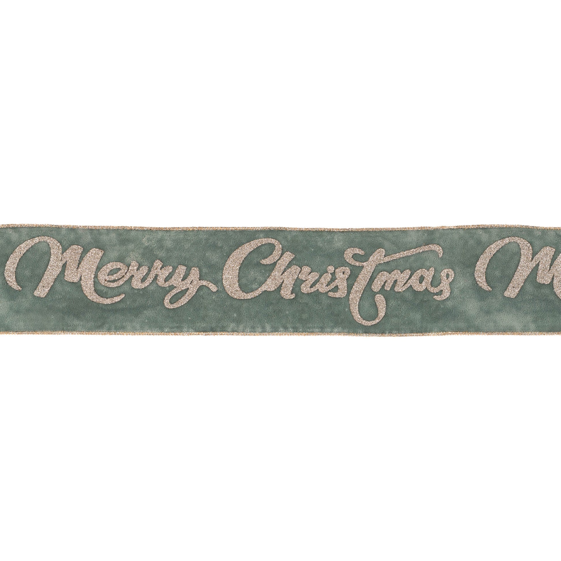 Glittered “Merry Christmas” wired ribbon – wintry blue and silver tones with champagne trim, 4" x 5 yds | RRO Home
